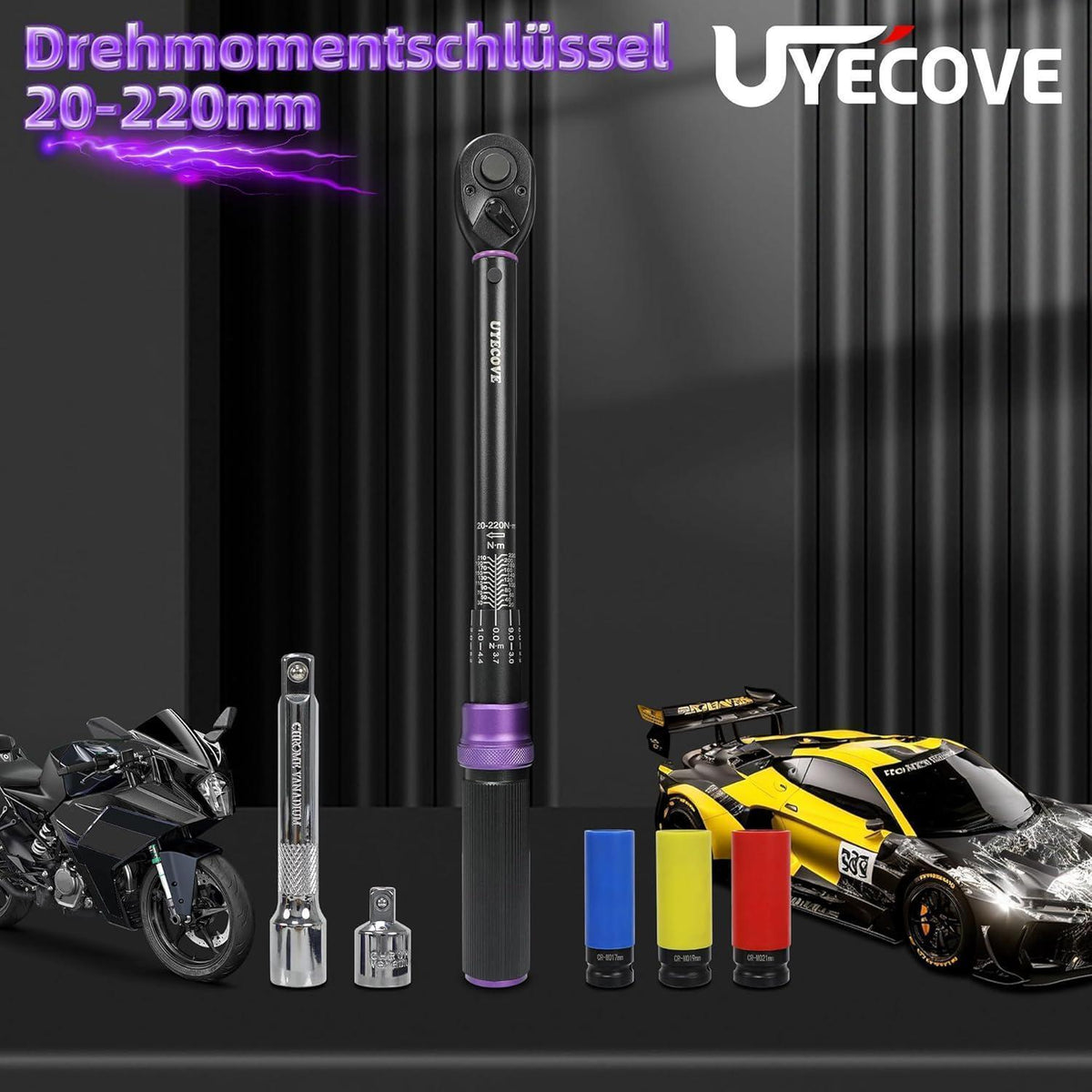 Drehmomentschlüssel Set 1/2" 20-220Nm mit 3/8" Adapter & Verlängerung - Lila