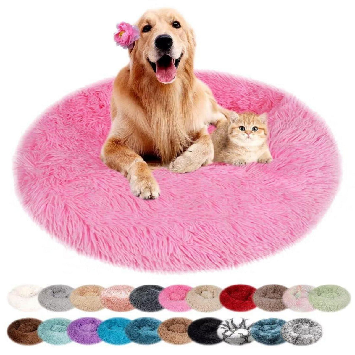 Rundes Hundebett Plüsch – Waschbar & Rutschfest, Rosa 120cm