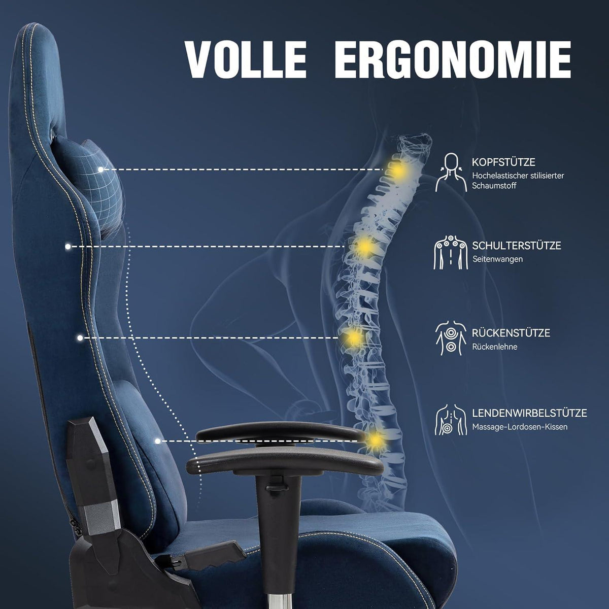 Gaming Stuhl mit Massagefunktion & Wildleder-Bezug, 150 KG, Blau