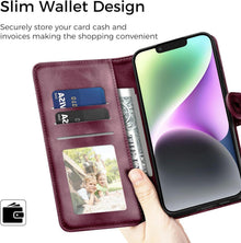 EASDNB iPhone 14 Lederhülle Weinrot Wallet Case Prägung