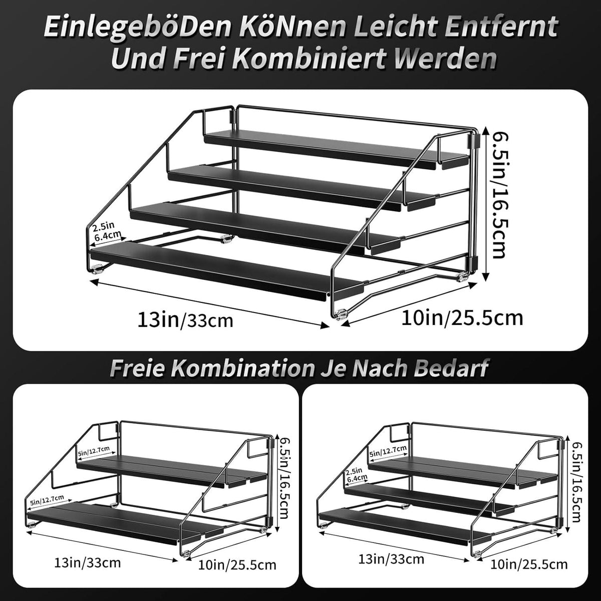 Gewürzregal 4 Etagen Schwarz Metall Einstellbar, Ohne Bohren