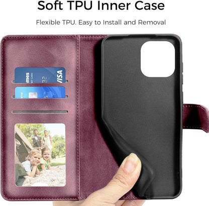 EASDNB iPhone 13 Lederhülle Flip Wallet PU Hülle Weinrot Magnet Ständer