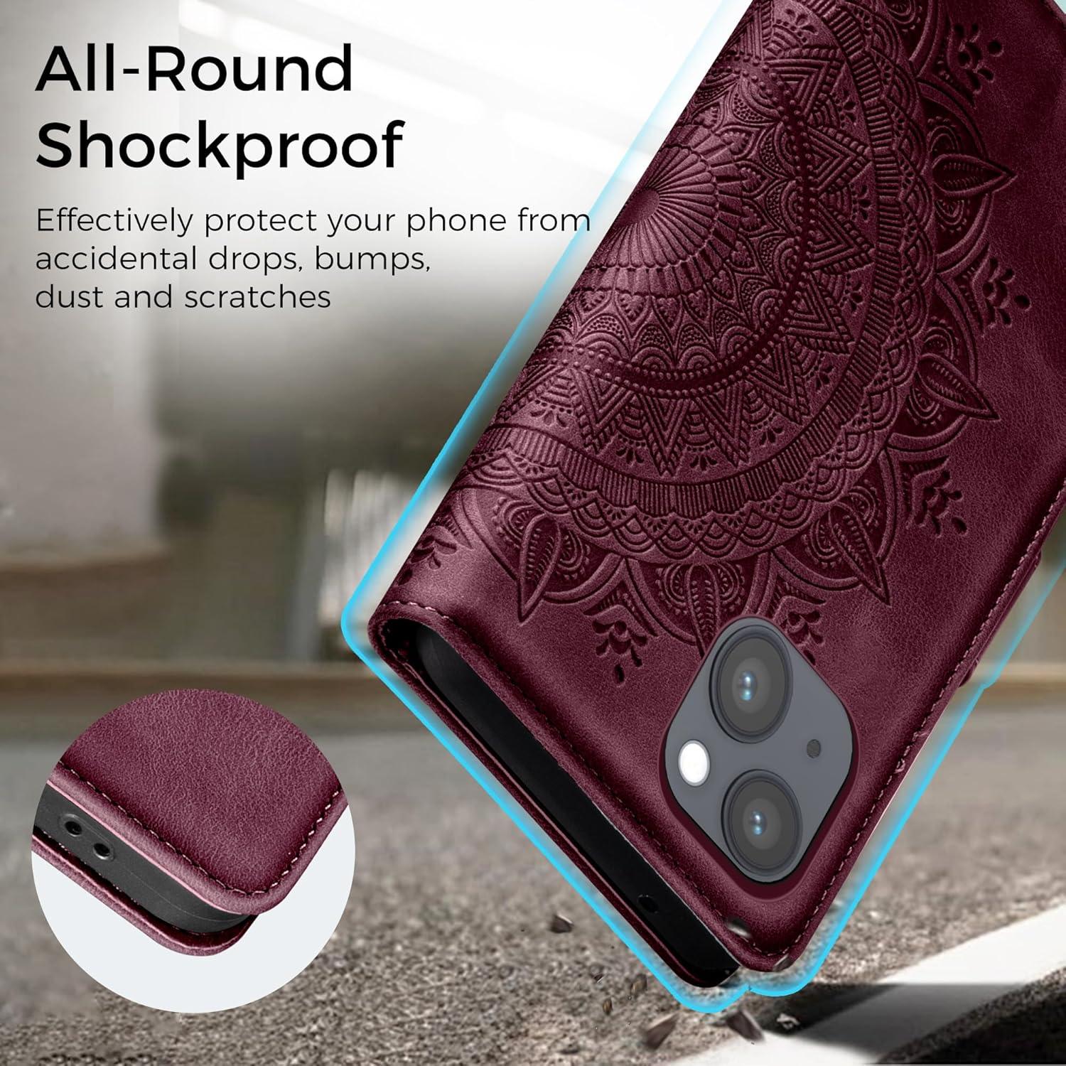 iPhone 13 Hülle Wallet Flip PU Leder Prägung Weinrot