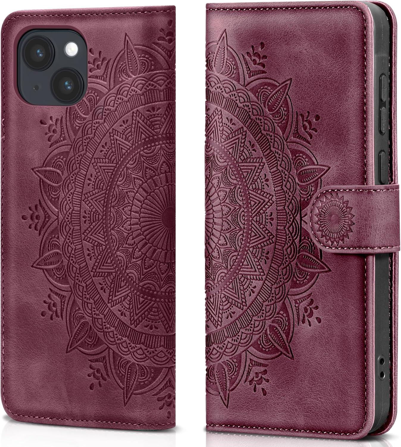 EASDNB iPhone 13 Lederhülle Weinrot Wallet Flip Case