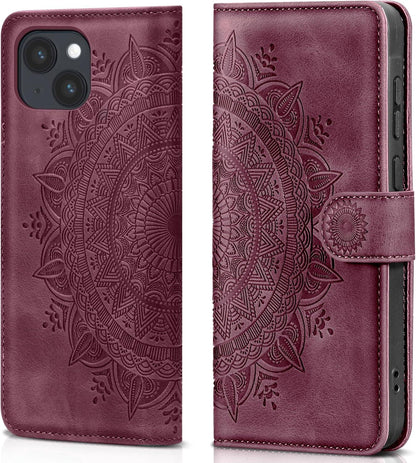 EASDNB iPhone 13 Lederhülle Weinrot Wallet Flip Case