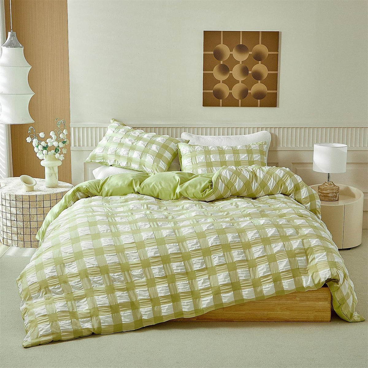 Seersucker Bettwäsche Set 135x200 Grün Weiß Kariert
