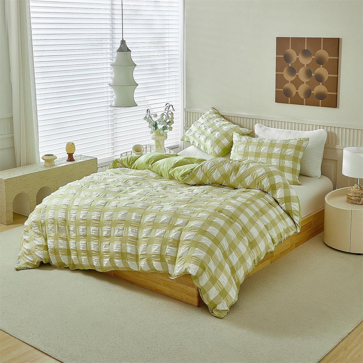 Seersucker Bettwäsche Set 135x200 Grün Weiß Kariert
