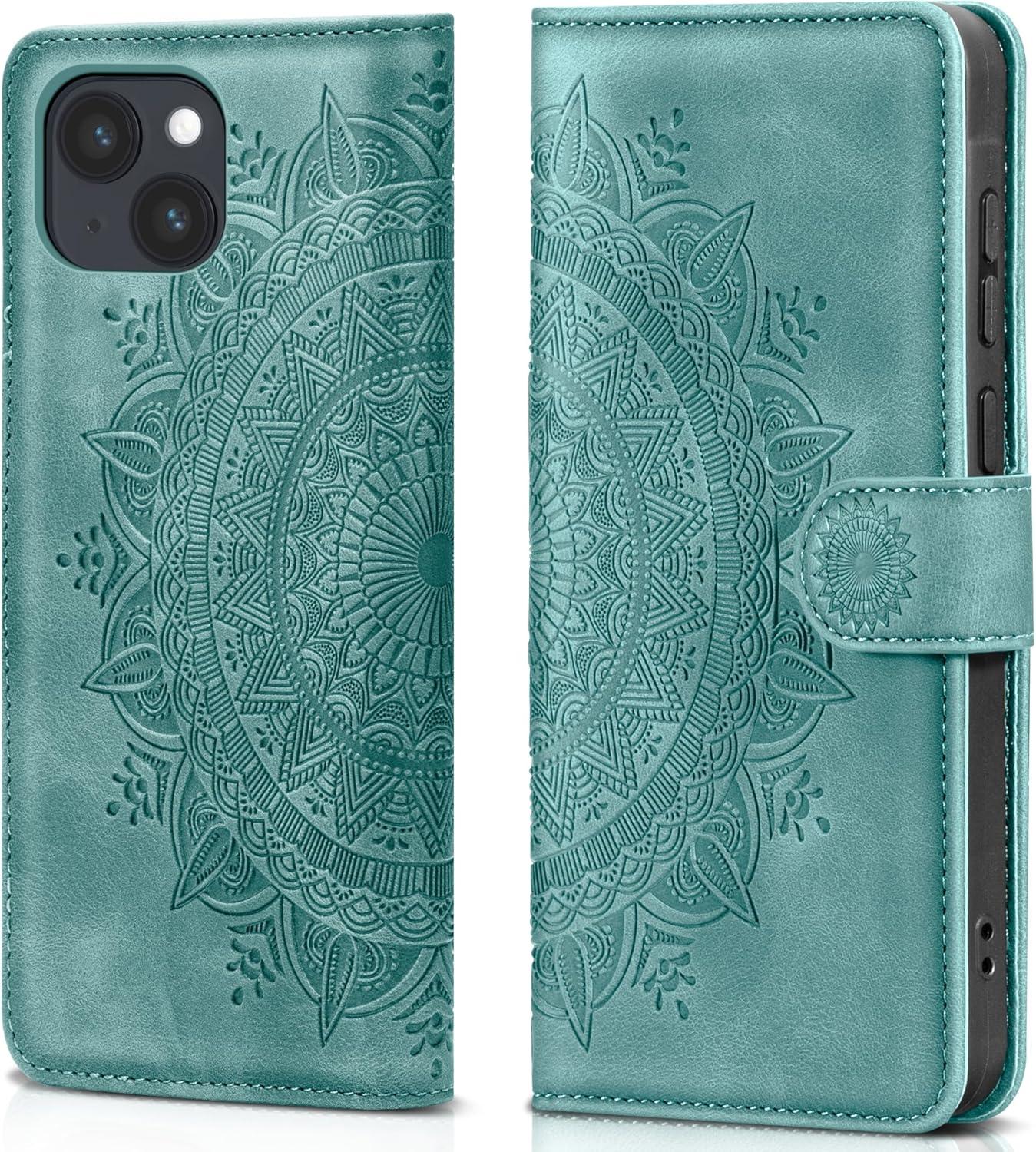 EASDNB iPhone 14 Lederhülle Wallet Case Grün Prägung Standfunktion