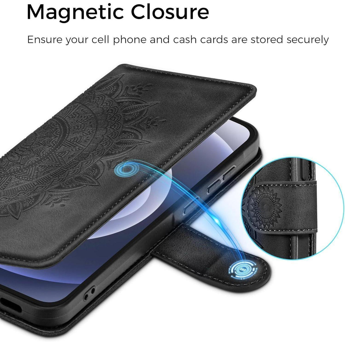 iPhone 12/12 Pro Hülle mit Kartenfach und Ständer Schwarz in Lederoptik
