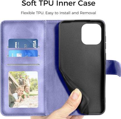 EASDNB iPhone 15 Lederhülle Wallet Flip Case Kartenfach Ständer Prägung Lila