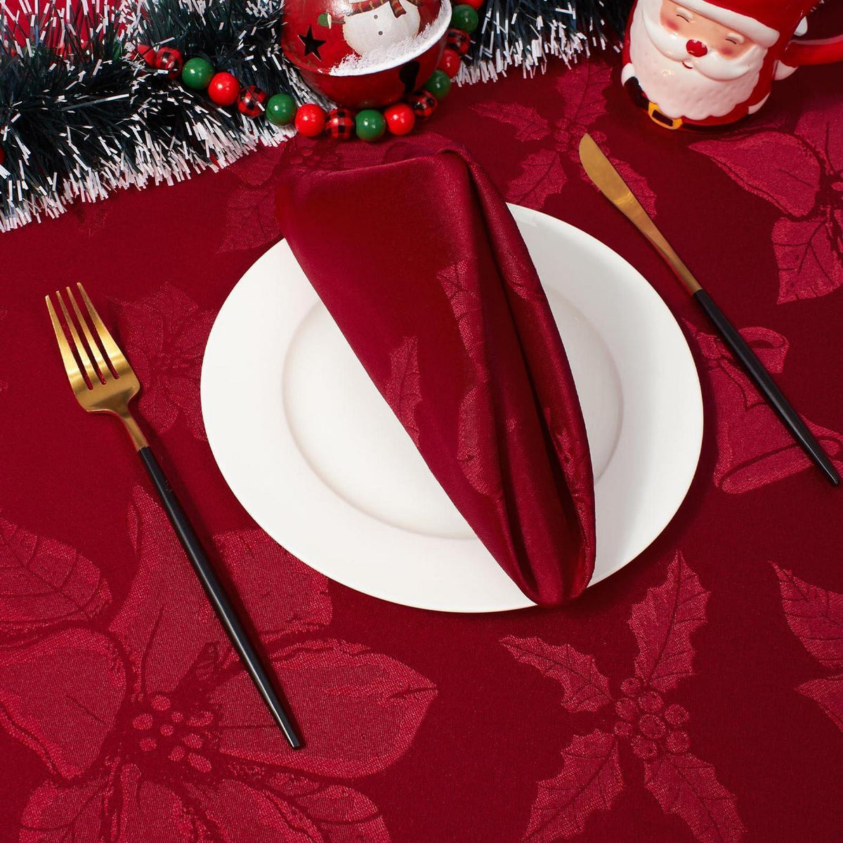 Weihnachtliche Jacquard-Servietten rot-blumig, 4er Set, 50x50cm