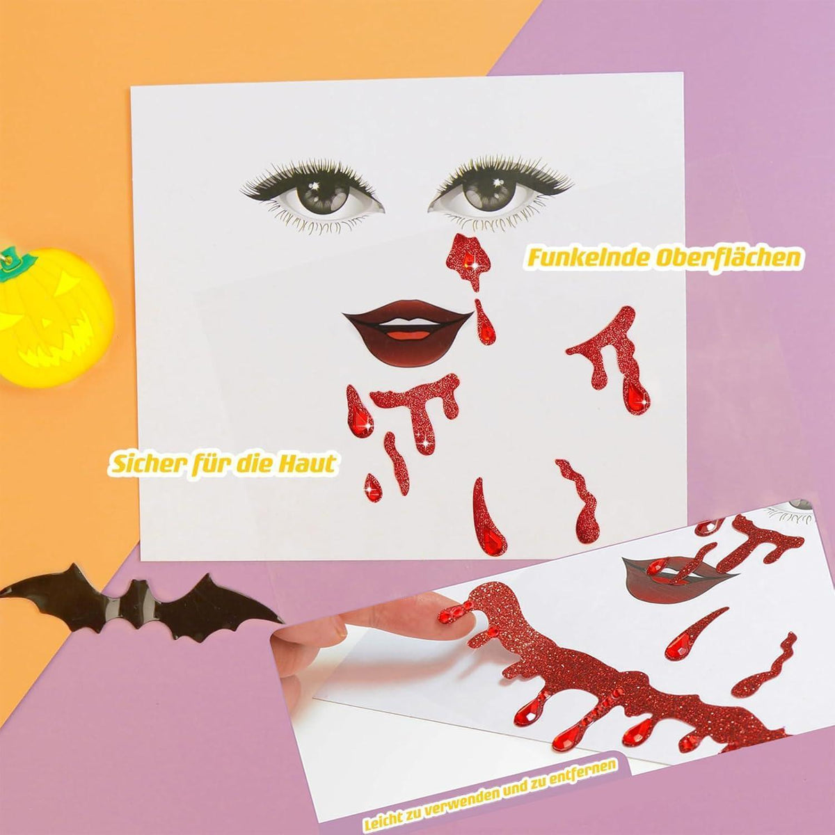 Vampir Schmuckset mit Glitzersteinen & Hexenhut für Halloween