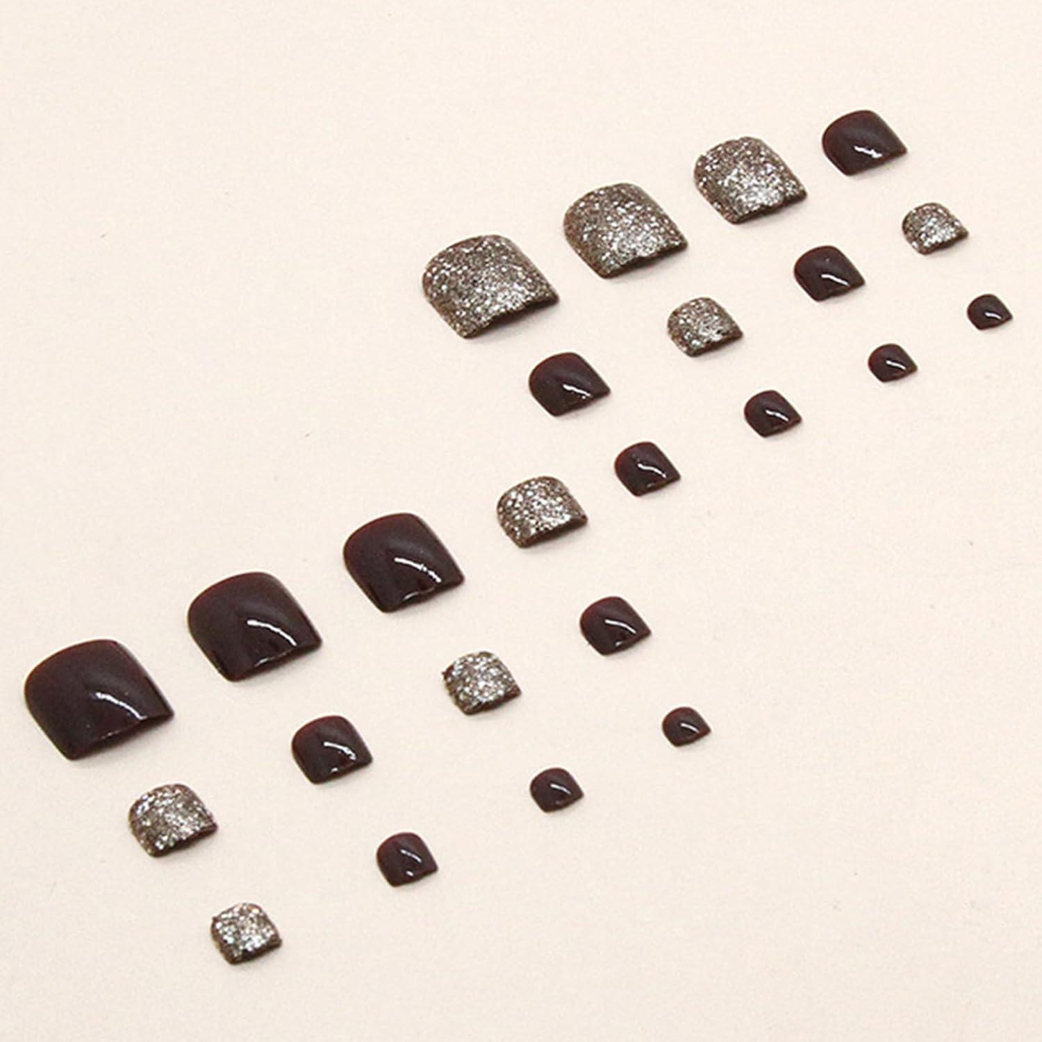 24er Set Weinrote Glitzer Acryl Zehennägel zum Aufkleben - Full Cover Künstliche Fußnägel