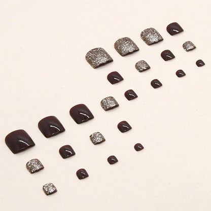 24er Set Weinrote Glitzer Acryl Zehennägel zum Aufkleben - Full Cover Künstliche Fußnägel