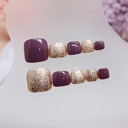 24 Kurze Lila Glänzende Fußnägel - Zehennägel zum Aufkleben mit Gelee-Kleber - Quadratische Künstliche Nägel für DIY Nagelkunst