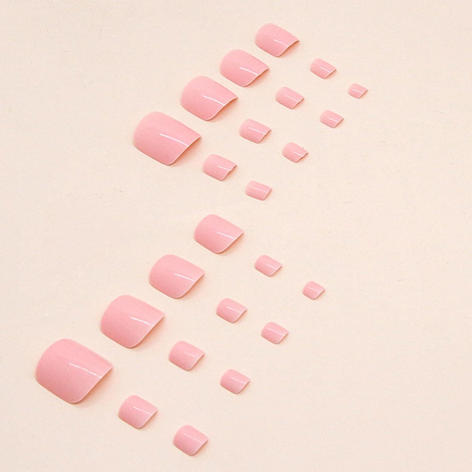 24 Stück Künstliche Fußnägel Kurz Quadratisch Nude Rosa Acryl Full Cover Fußnägel