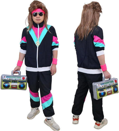 80er Jahre Kostüm Vokuhila Set Trainingsanzug Jacke Hose Assi Perücke für