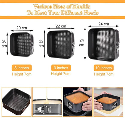 Eckige Springform Set | 20/22/24 cm Kuchenformen Schwarz