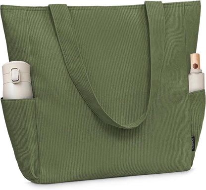 Leichtes Großes Cord-Tote Bag mit Reißverschluss und Taschen, Grün
