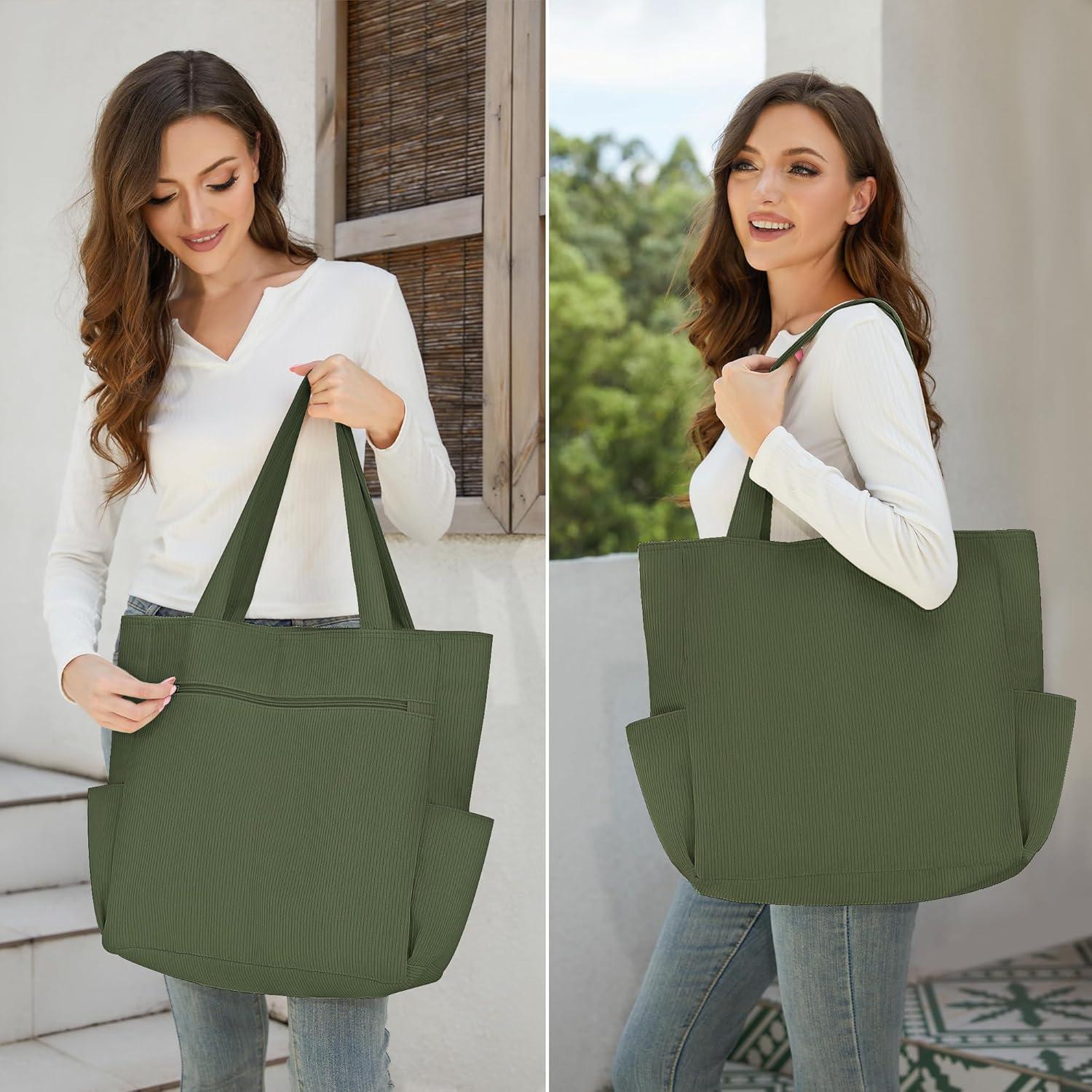 Cordury Tote Bag Groß Reißverschluss Taschen Reisen Fitnessstudio Urlaub Grün