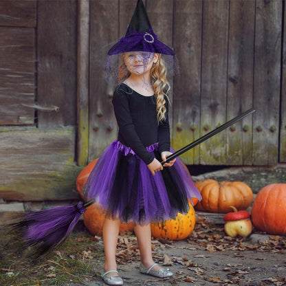 Hexenkostüm Mädchen Halloween Kinder Hexe Hexenhut Rock Besen 3-8 Jahre