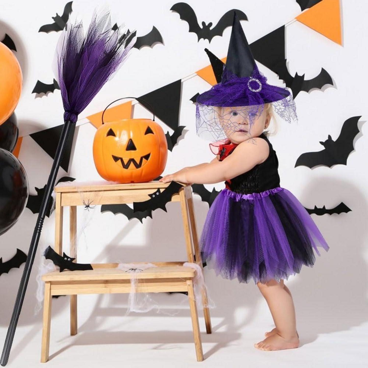 Hexenkostüm Mädchen Halloween Kinder Hexenhut Hexenrock Besen 3-8