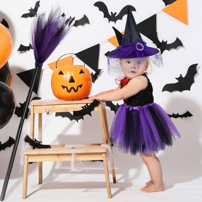Hexenkostüm Mädchen Halloween Kinder Hexenhut Hexenrock Besen 3-8