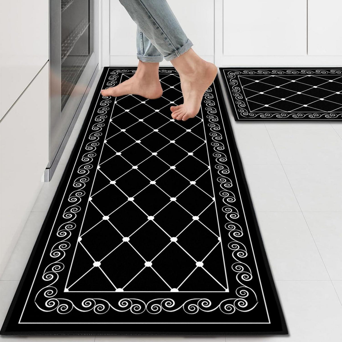 2x Küchenteppich Set Öl-Aufnehmend 40x120cm + 40x60cm Schwarz Karo