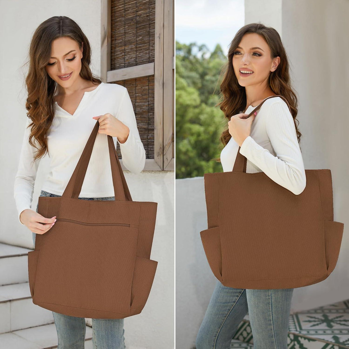 Cordury Tote Bag Umhängetasche mit Reißverschluss 5 Taschen Braun