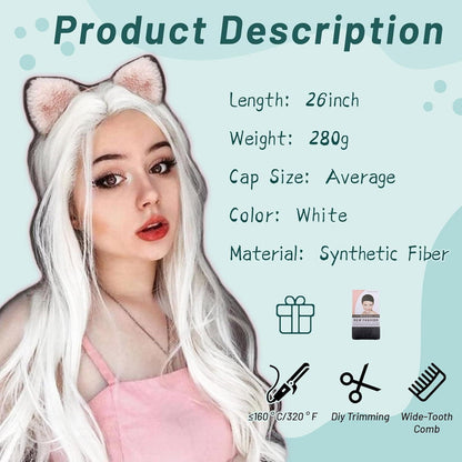 Lange gewellte weiße Anime Cosplay Perücke 60cm