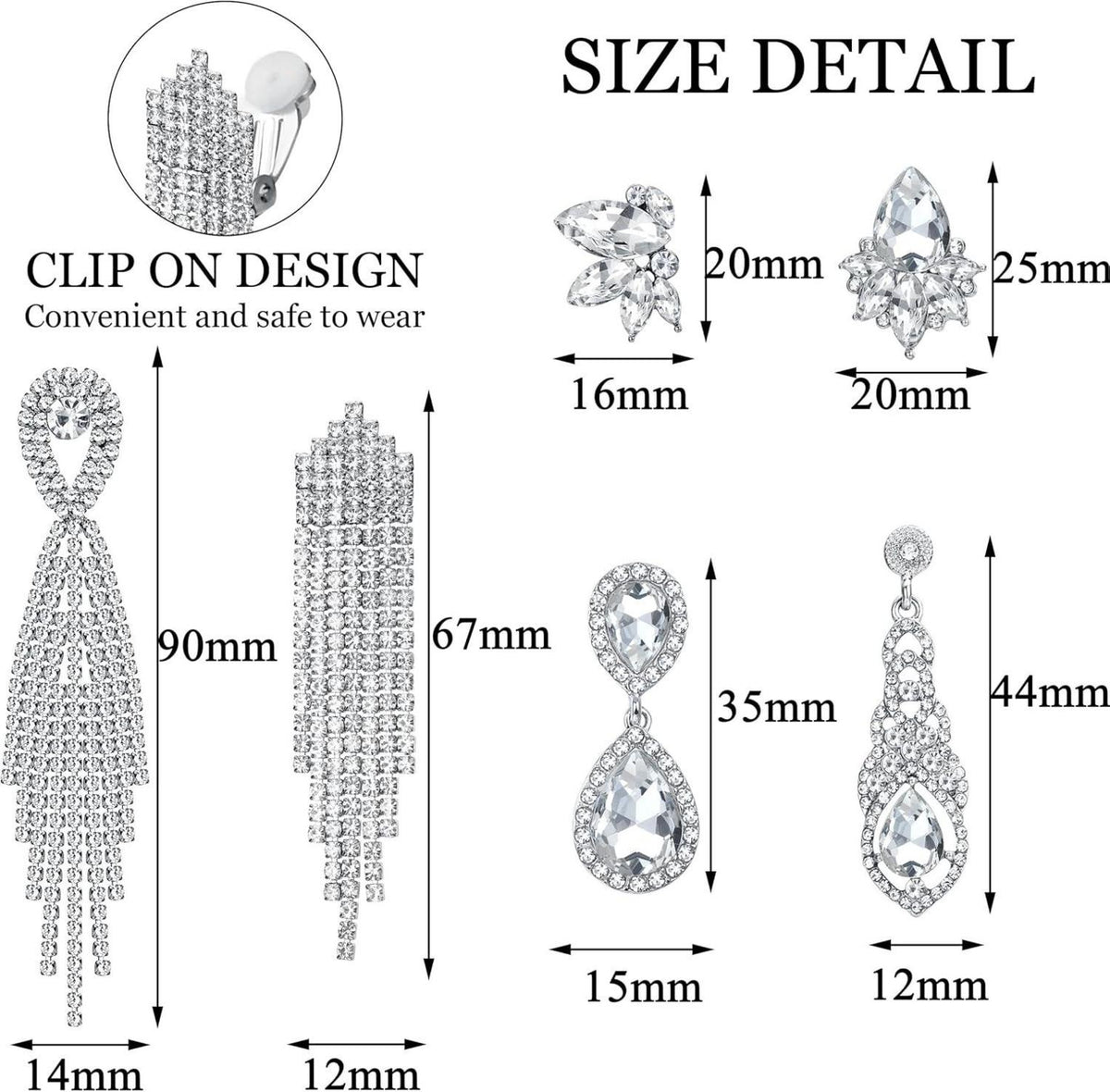 Strass Clip Ohrringe Set Silber 6 Paare Hochzeit Brautjungfern Brillant Diamant
