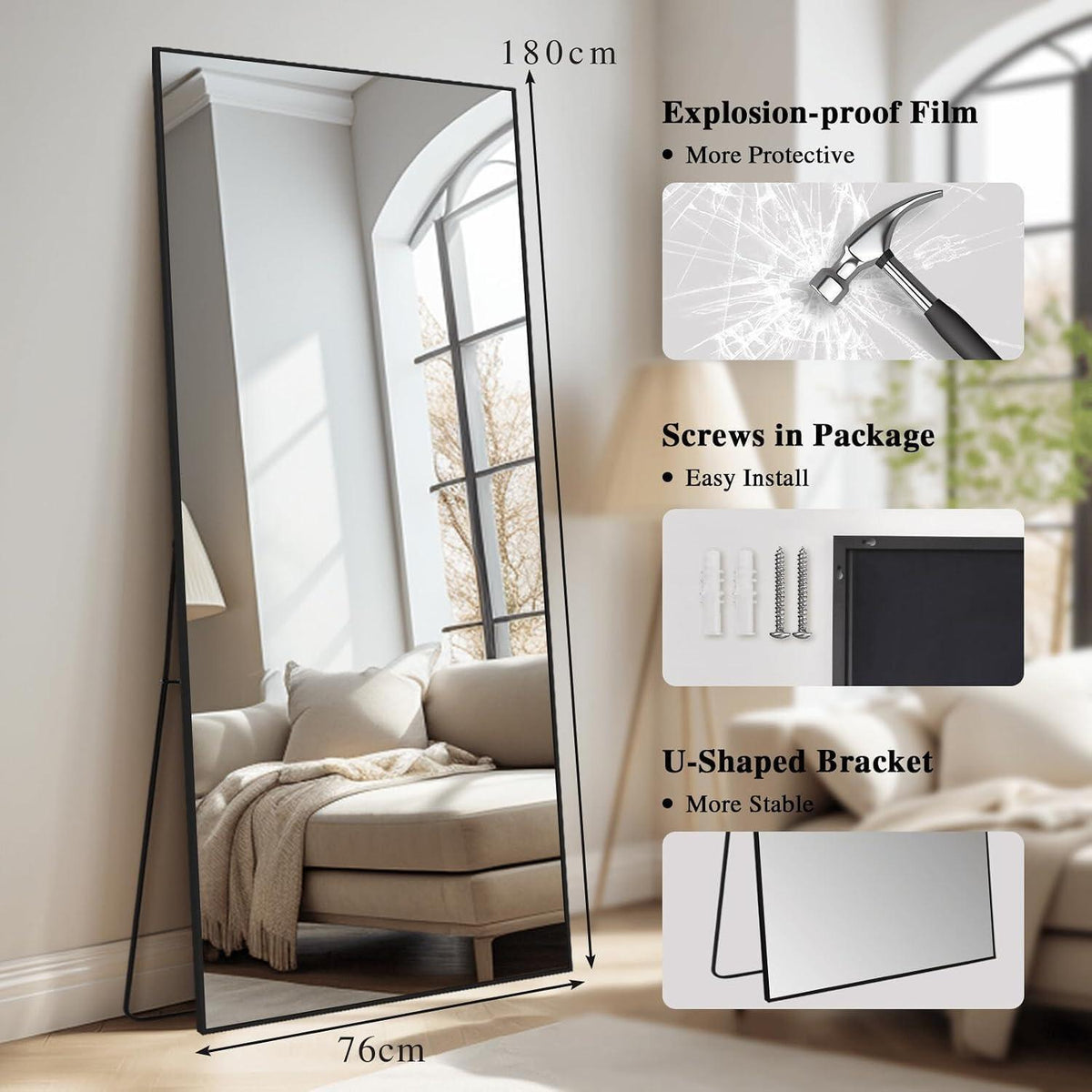 Ganzkörperspiegel 180x76cm – Stehspiegel Schwarz für Wohnzimmer & Schlafzimmer