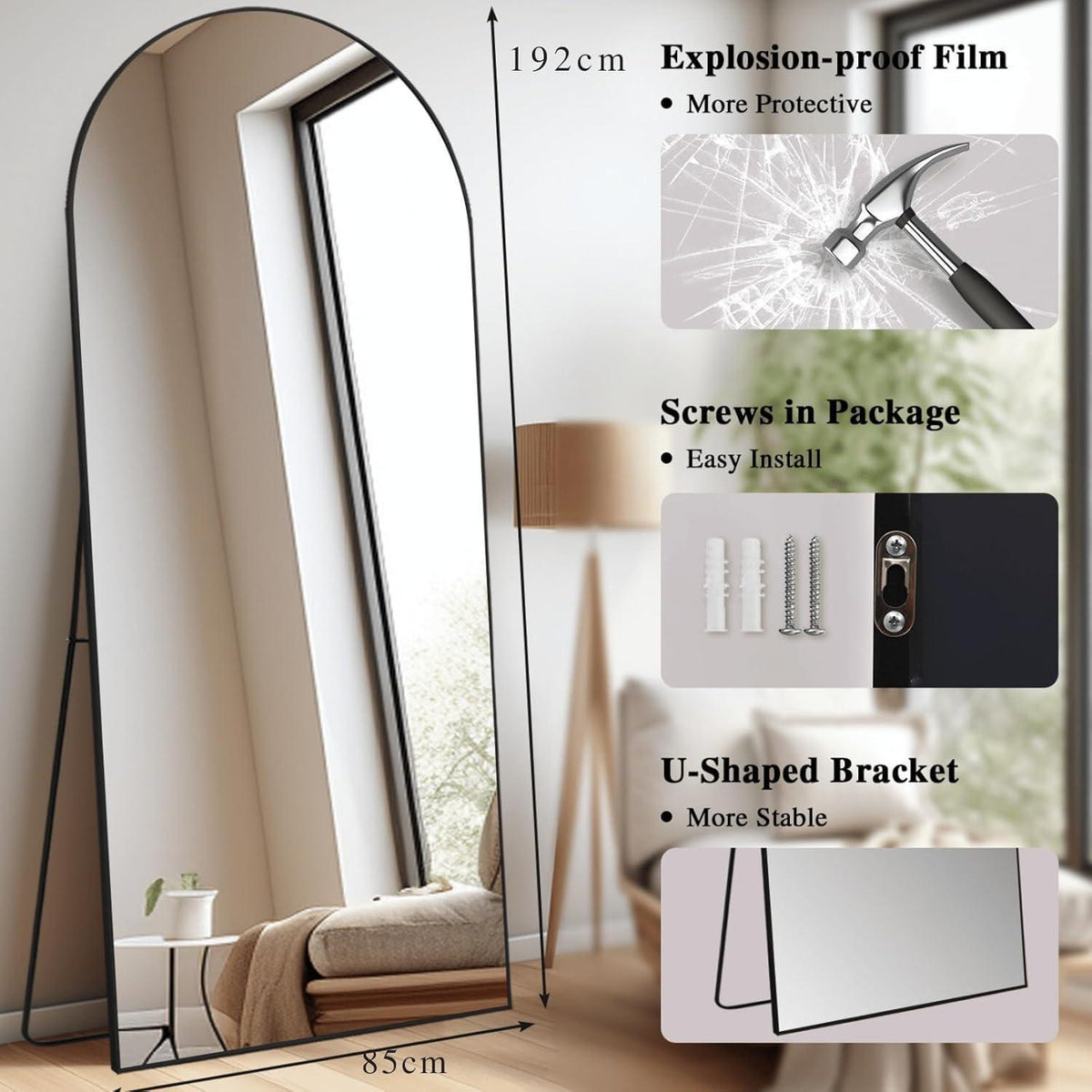 Gewölbter Ganzkörperspiegel 192x85cm – Stehspiegel Schwarz