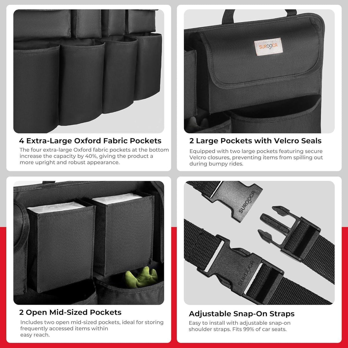 Kofferraum Organizer L-90x46 cm mit 8 Taschen, Schwarz