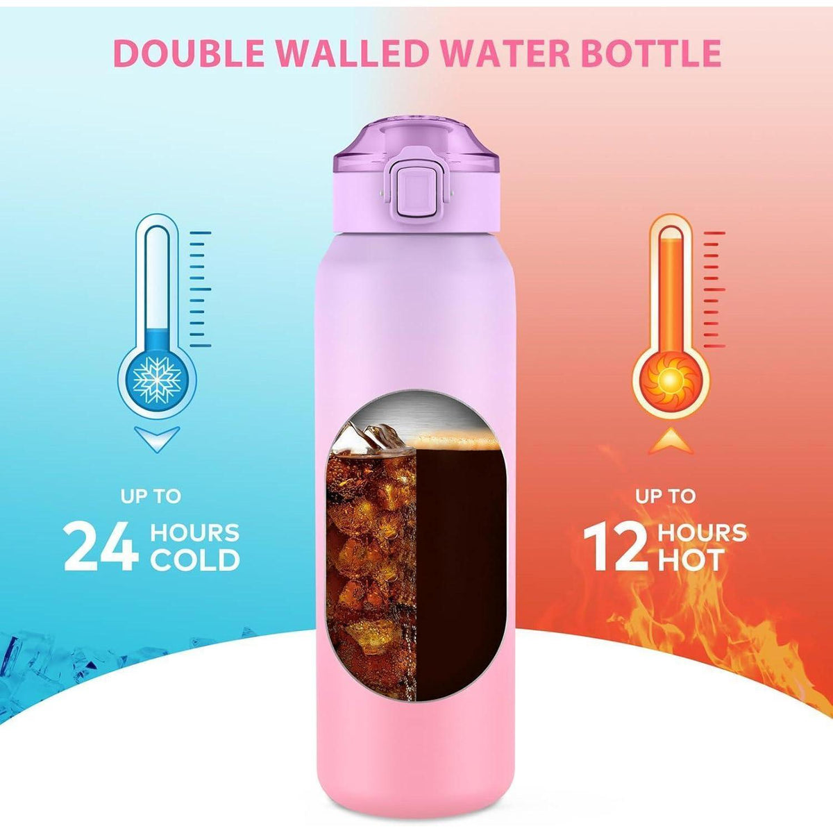 Edelstahl Trinkflasche 700ml mit Strohhalm, Isolierflasche Lila Rosa