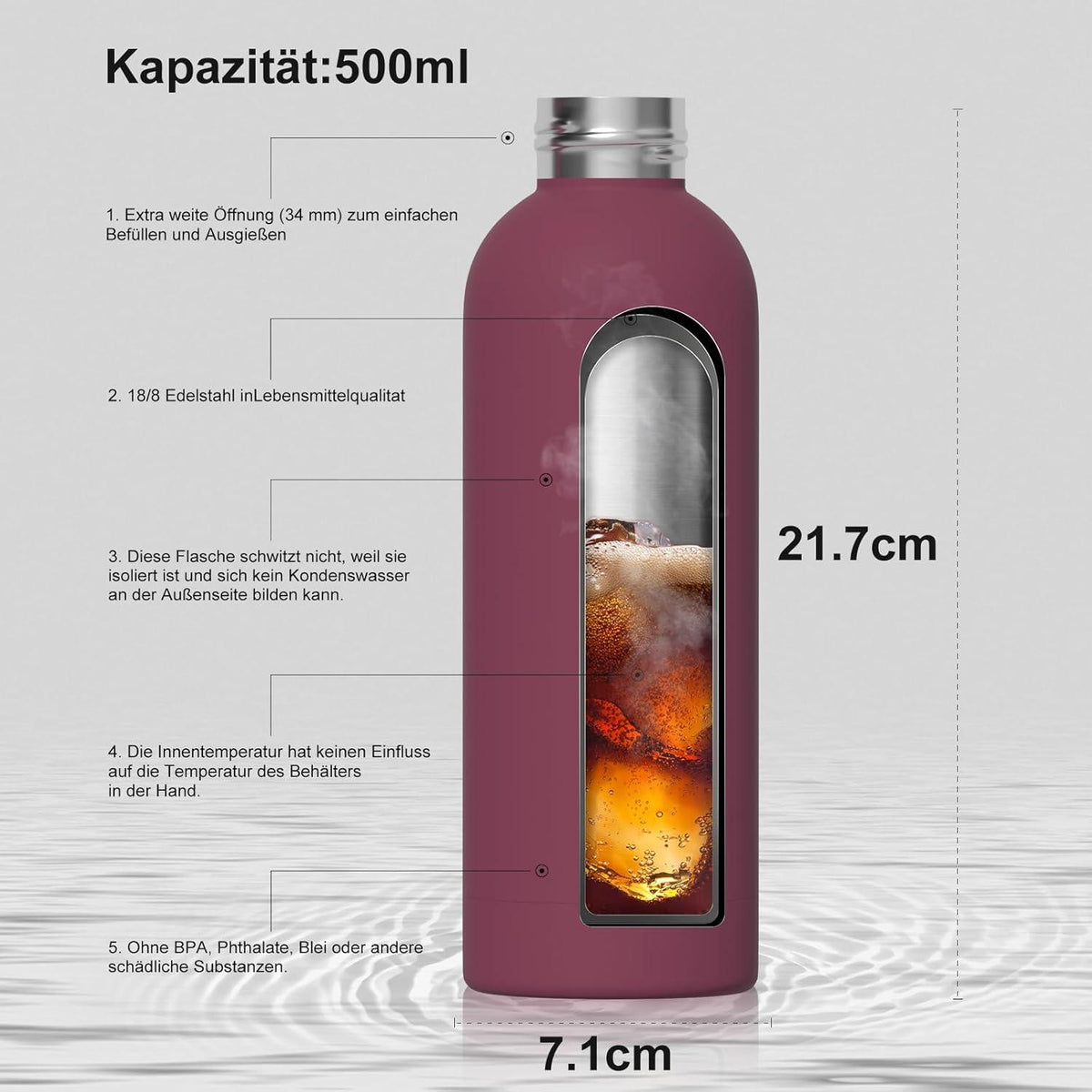 Isolierte Edelstahl Trinkflasche 500ml, Auslaufsicher 24h