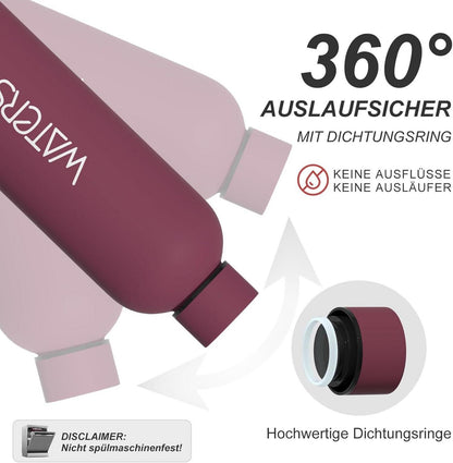 Isolierte Trinkflasche Edelstahl 500ml - Auslaufsicher, 24h kalt - Rosenrot