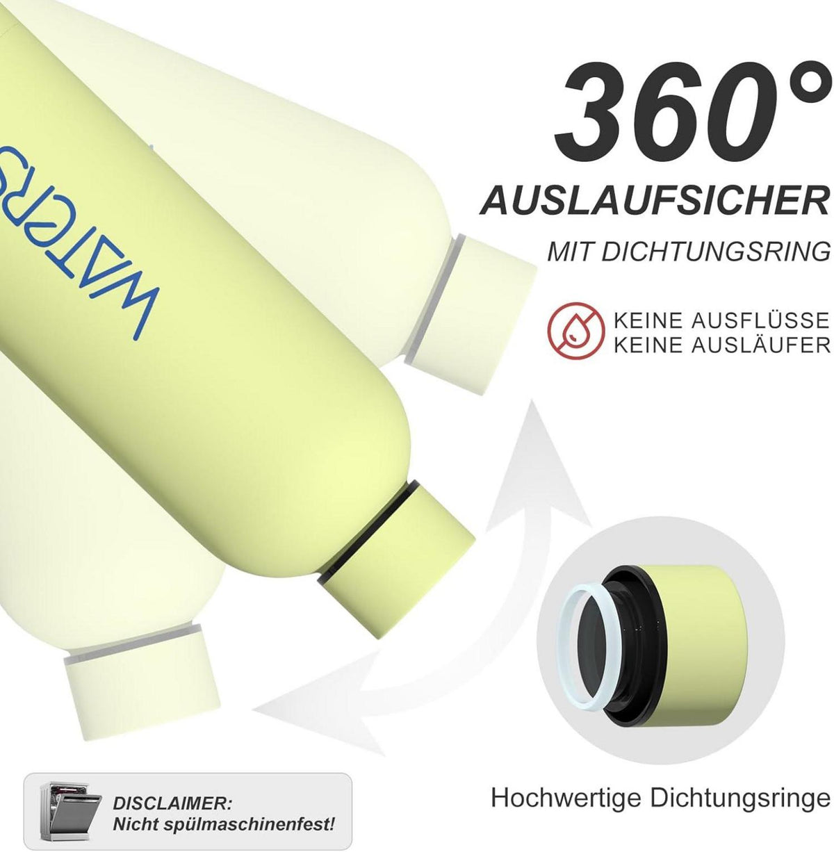 Isolierte Trinkflasche Edelstahl 500 ml Wasserflasche Dopper Sport Thermoskanne 24h kalt, Zitronengelb