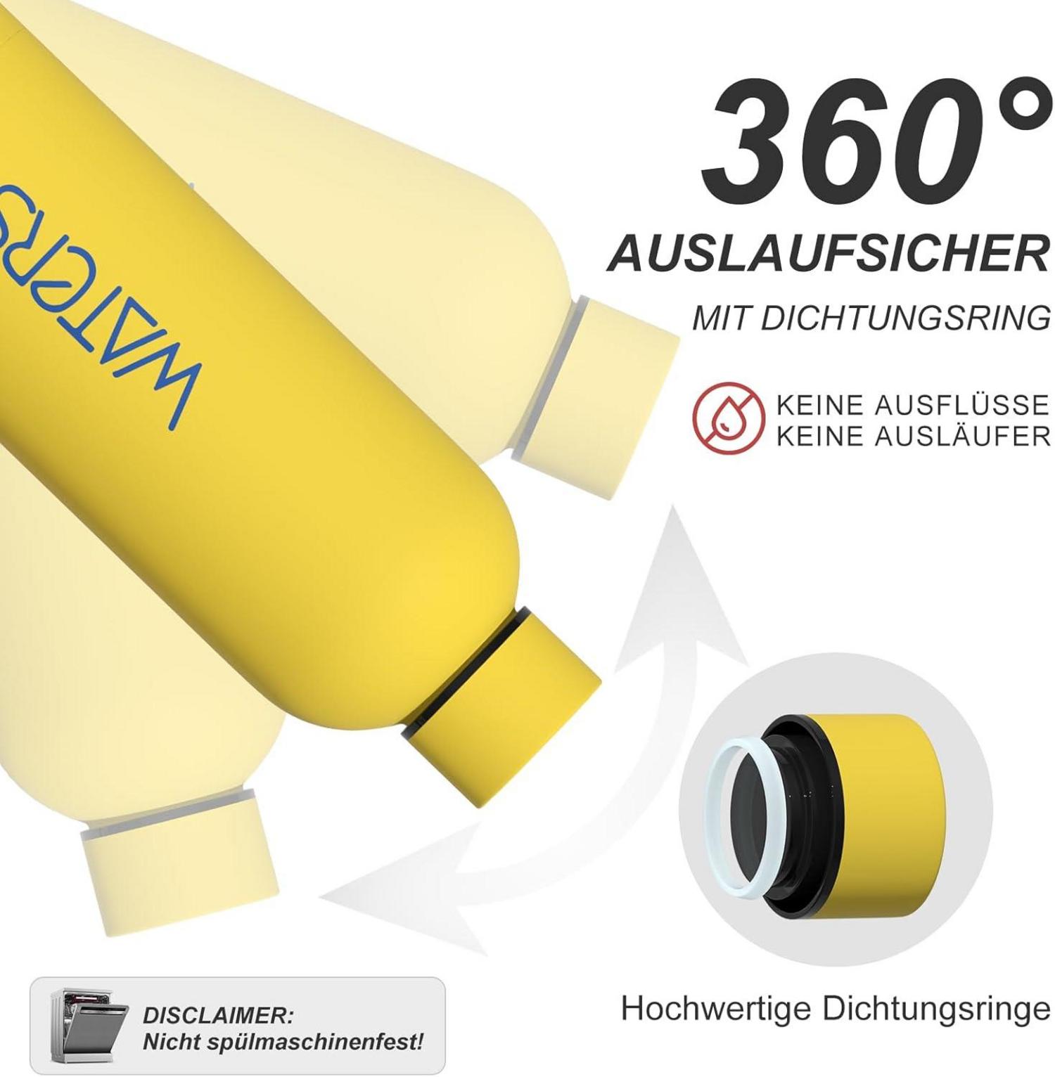 Isolierte Edelstahl Trinkflasche 500ml Thermosflasche Gelb - Auslaufsicher, 24h kalt - Ideal für Schule, Büro, Sporthalle
