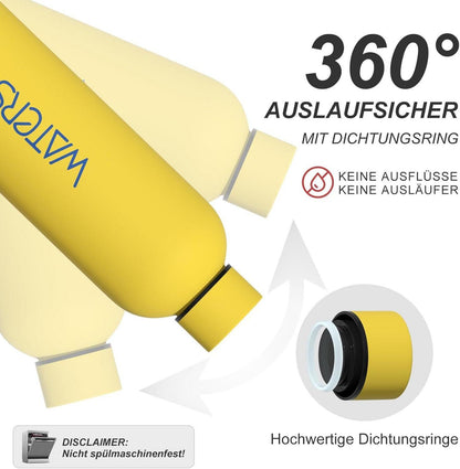 Isolierte Edelstahl Trinkflasche 500ml Thermosflasche Gelb - Auslaufsicher, 24h kalt - Ideal für Schule, Büro, Sporthalle