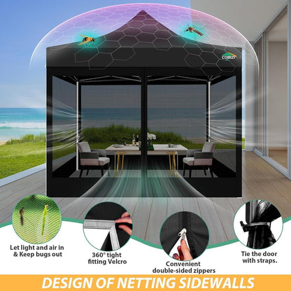 3x3m Faltpavillon wasserdicht mit Mesh-Seitenwänden Schwarz