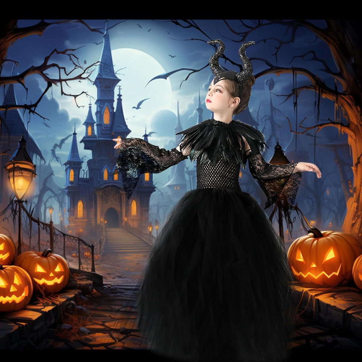 Kinder Maleficent Kostüm mit Hörnern, Flügeln und Umhang