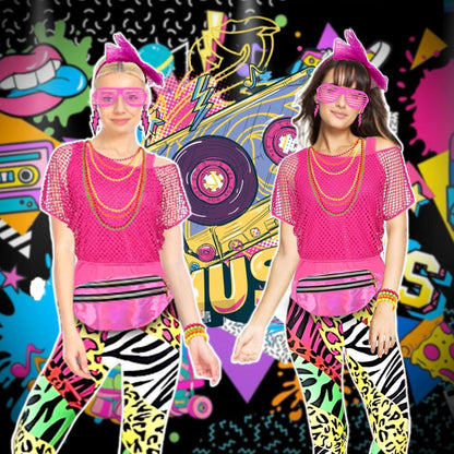 80er 90er Jahre Damen Retro Outfit Set XL Rot Neon Disco Party