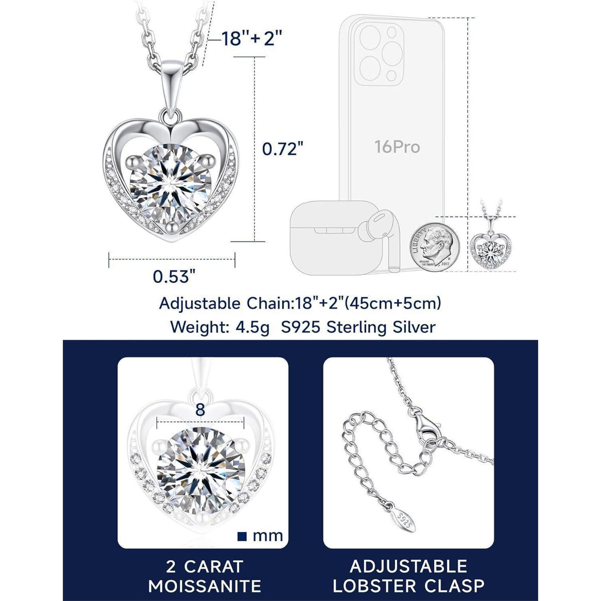 Silberkette Damen 925 mit Herzanhänger & 2 Karat Moissanite
