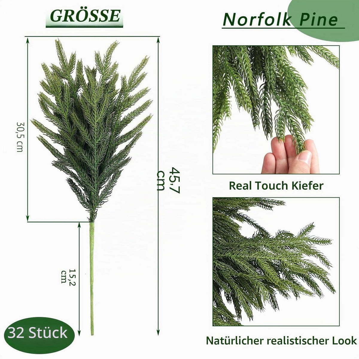 Künstliche Norfolk-Tannenzweige - 32 Stück für Weihnachten & Deko