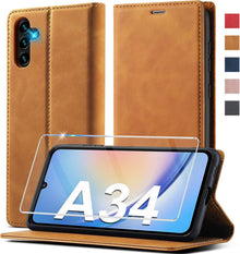 Samsung Galaxy A34 5G Hülle Leder Klappbar mit Schutzfolie