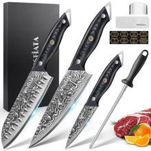 Damast Küchenmesser Set 3-tlg. mit Wetzstahl & Geschenkverpackung
