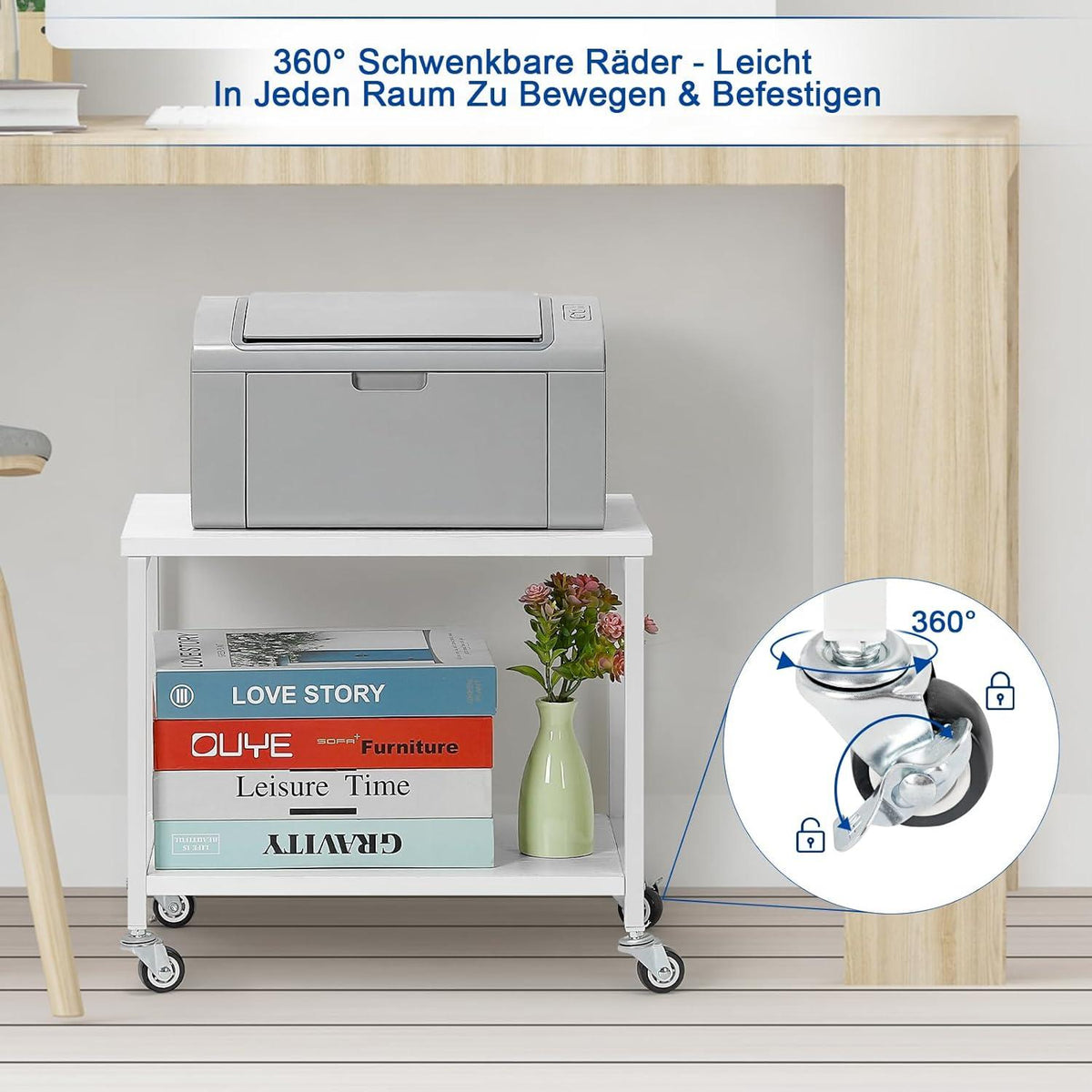 Druckerständer 2-Stufig Weiß mit Rollen Platzsparend 42x30x35cm