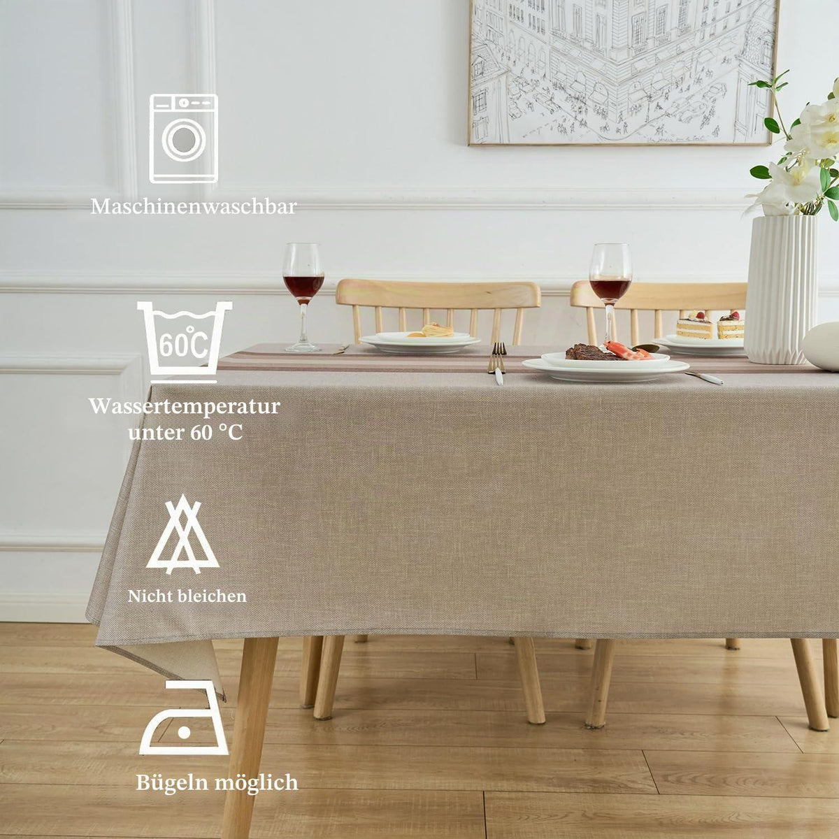Abwaschbare Tischdecke Rechteckig 100x140 cm – Leinenoptik Weiß/Beige