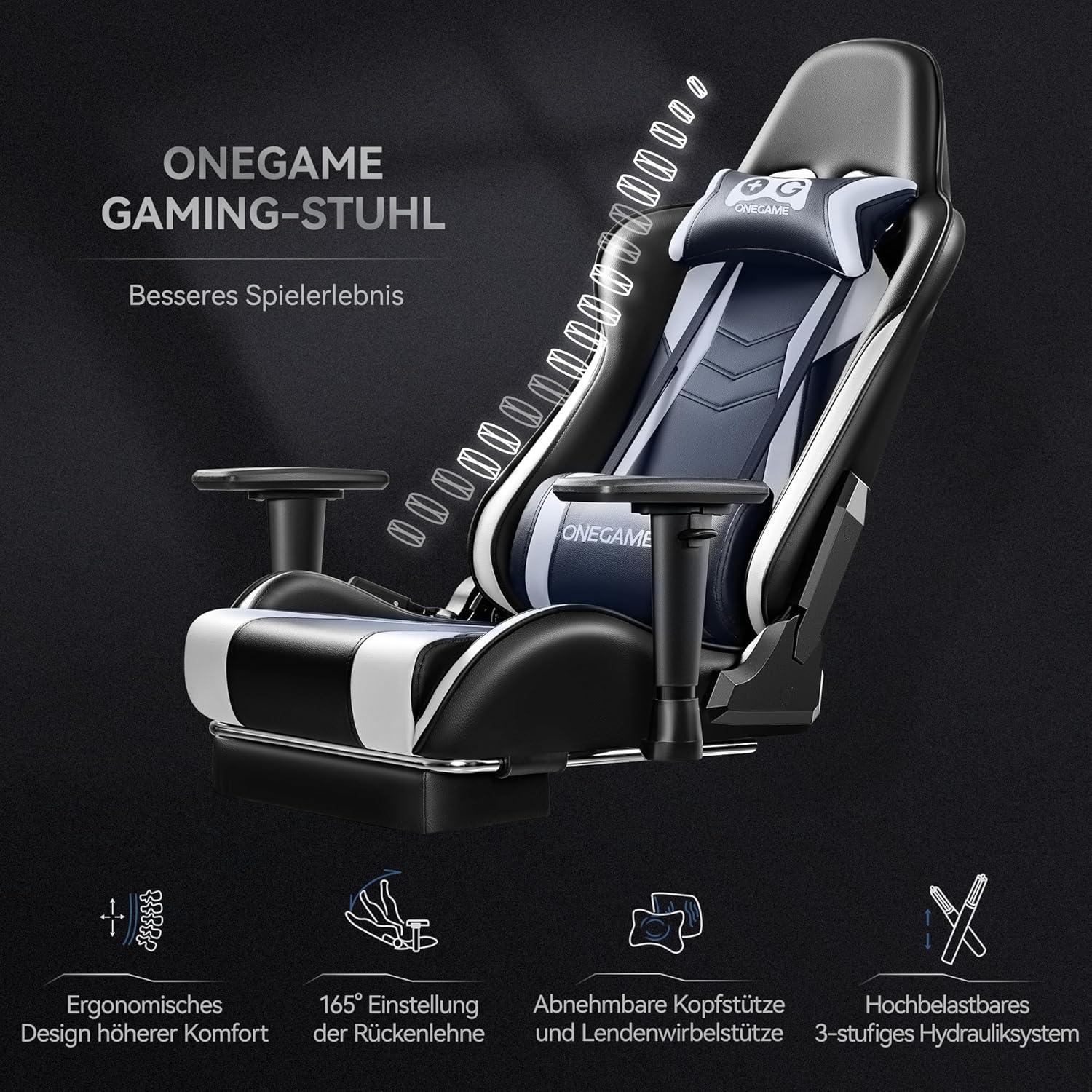 OneGame Gaming Stuhl Schwarz-Weiß PU Racing Chair Fußstütze Bürostuhl